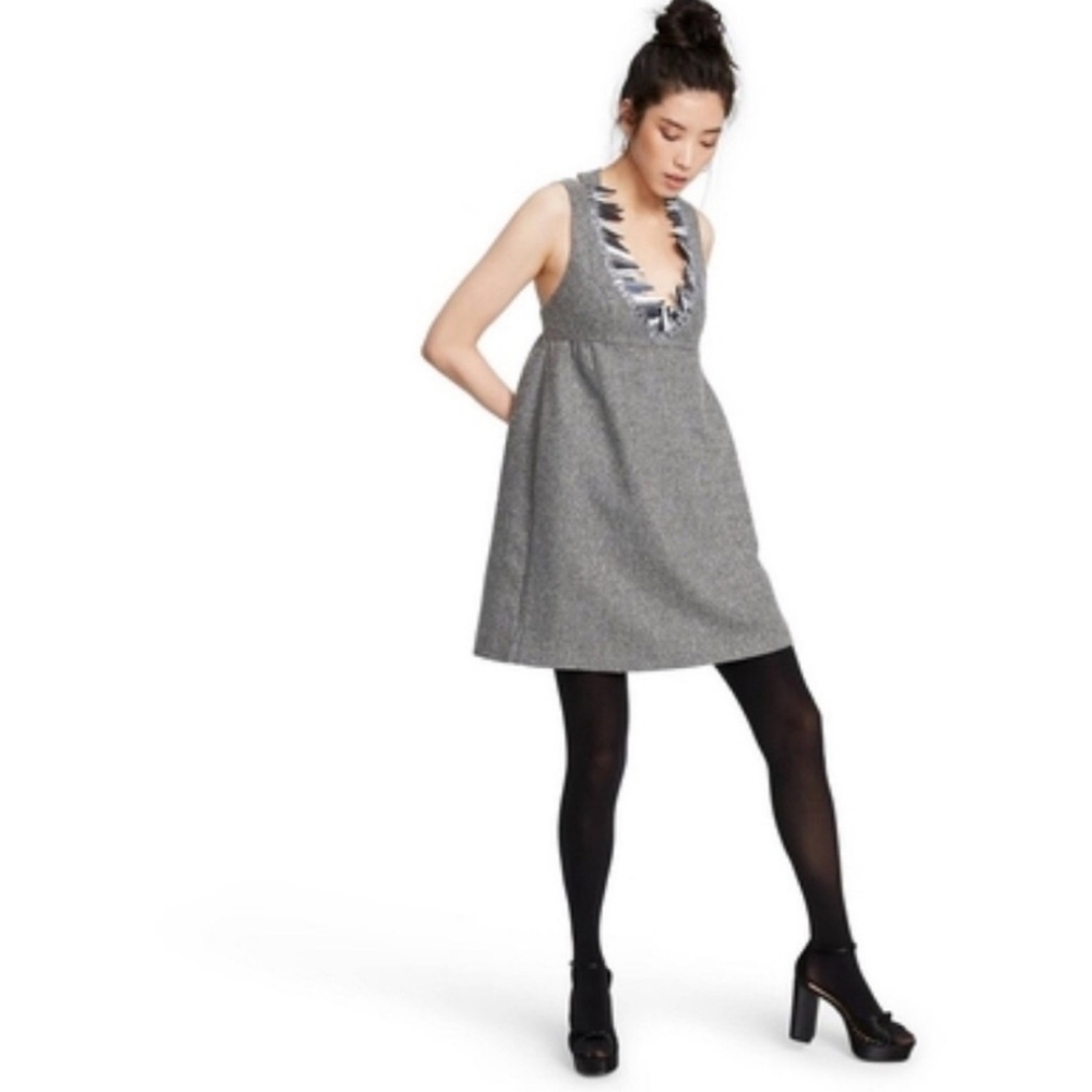 Anna Sui x Target gray tweed halter sequin neckline babydoll mini dress